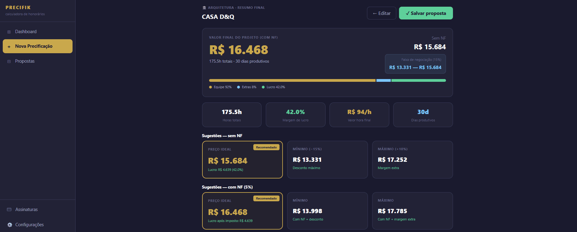 Tela de valores